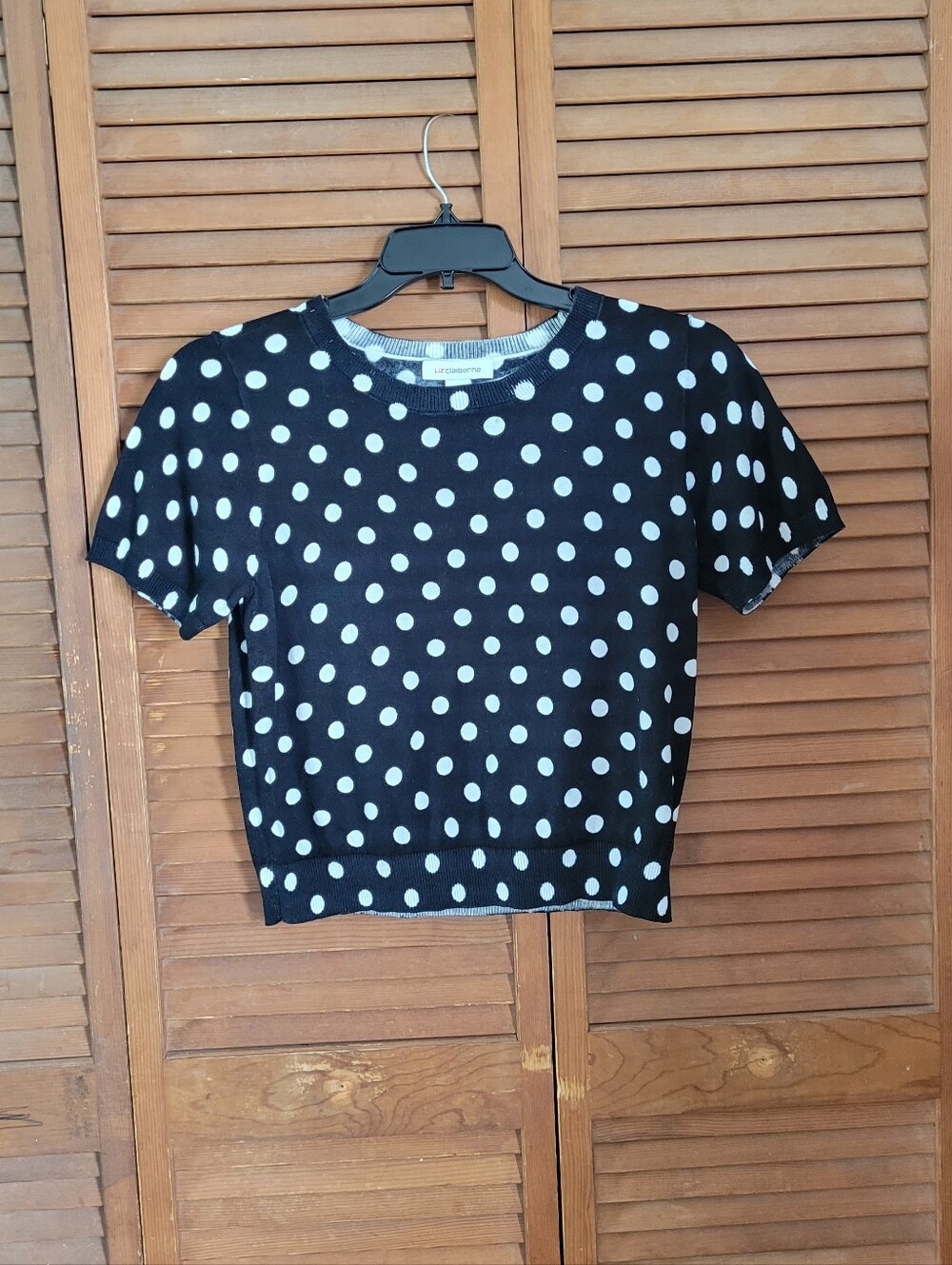 Liz Claiborne Black And White Polka Dot Short Sleeve Sweater Top - Medium Petite